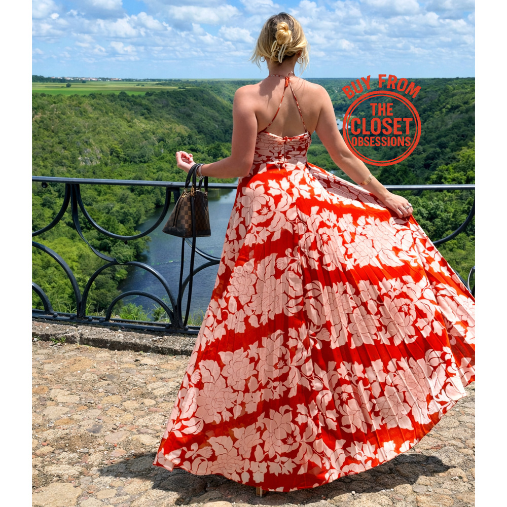 MANGO Red Floral Halter Maxi Dress Destination Wedding Resort Dress